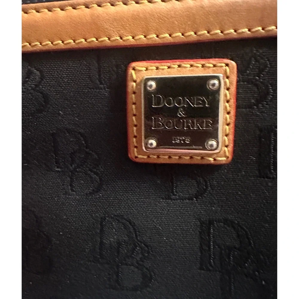 Dooney & Bourke Black Monogram Canvas Wristlet Pouch Tan Leather Trim Red Lining